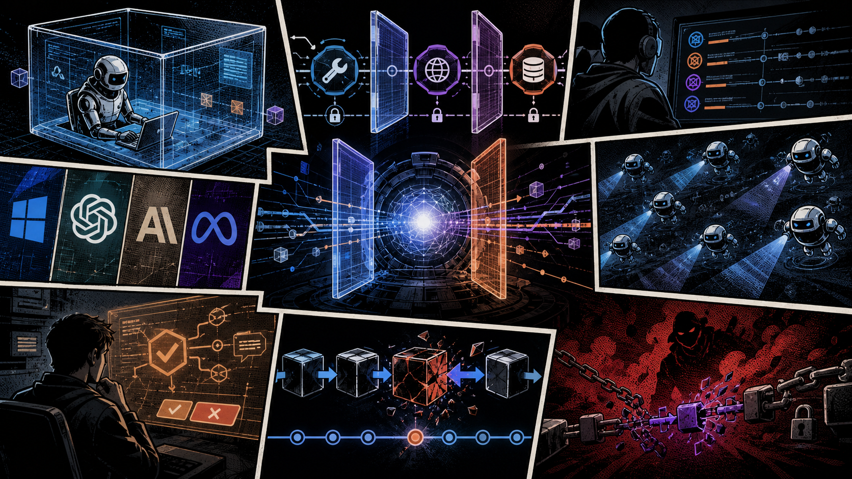 Graphic novel collage of AI agents inside sandboxes, permission gates, audit timelines, security scans, and release pipelines with subtle AI platform motifs